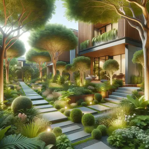 Beautiful garden design with various plants and pathways